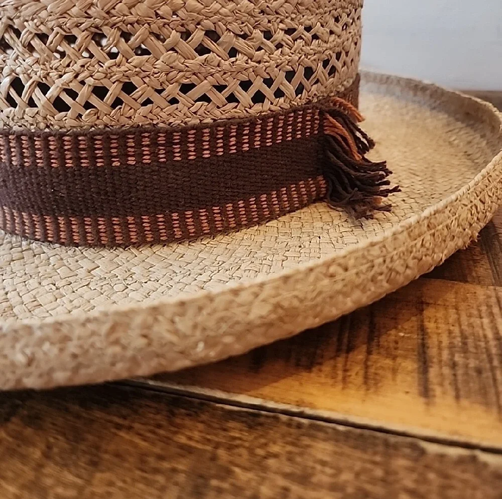 Stetson Natural Straw Boater Hat with Brown-Orange Band Vintage